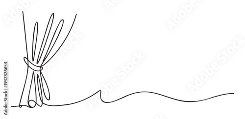 Continuous line drawing depicting a gracefully draped curtain tied to the side, suitable for interior design themes, event invitations, or simple aesthetic graphic resources