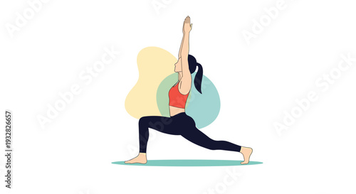 Graceful woman in red and black sportswear performing a yoga lunge pose against a background of soft pastel abstract shapes and circles.