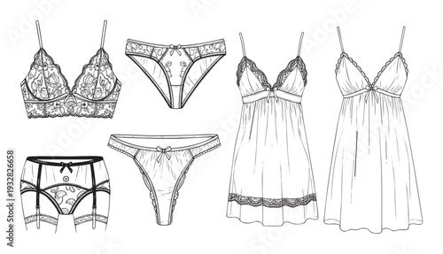 Elegant lingerie collection featuring feminine undergarments like bras, panties, garter belt, and nightgowns for sleepwear catalogs and intimate apparel product development
