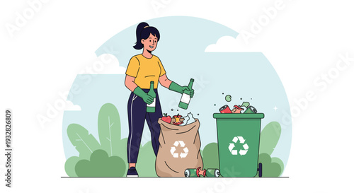 Woman wearing gloves and sorting glass bottles, paper, and food waste into various recycling bags and green bins for environmental protection.