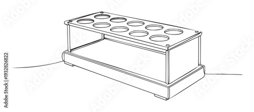 Laboratory test tube rack with multiple circular openings for holding glassware during scientific experimentation and chemical research applications in educational or medical settings