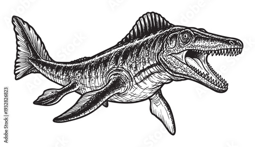 Powerful ancient marine reptile with menacing open jaws and sharp teeth, excellent for educational materials, historical documentaries, wildlife themes, or bold graphic designs.