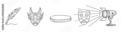 Line drawings depicting a writing quill, a horned mask, a blank disc, and a sad theatre mask illuminated by a stage spotlight, useful for drama, storytelling, and cultural projects.