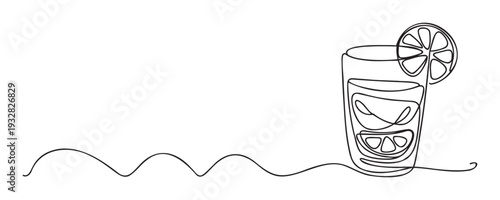 Continuous line drawing of a fresh lemon beverage in a tall glass with a citrus slice, ideal for menu designs, healthy lifestyle promotions, and summer event invitations.