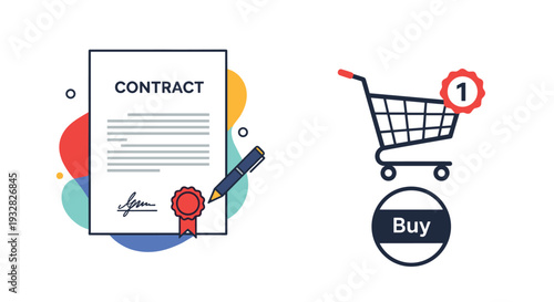 Icons featuring a signed contract with a red seal and pen next to a shopping cart with a notification for a new purchase.