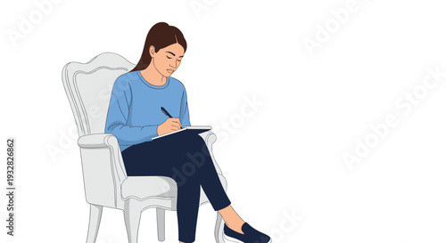 Young woman dressed in blue sitting in a classic white upholstered armchair and focused on writing notes or a diary in a small notebook.