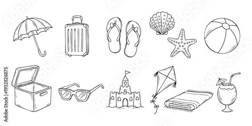 Hand drawn doodle style collection of essential summer vacation and beach holiday items perfect for travel themed graphic resources, playful designs, and seasonal promotions
