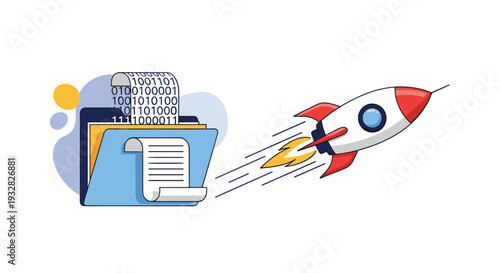 Illustration showing a rocket taking off from a folder filled with binary code and documents symbolizing rapid digital progress.