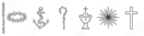 Collection of various Christian religious symbols representing faith, hope, and spiritual tradition, ideal for educational resources, church decor, and inspirational media projects.