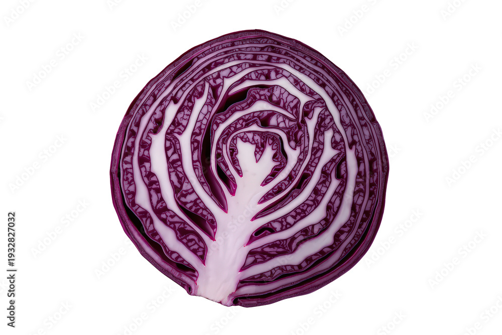 Obraz premium Red cabbage half cut, layering detail with deep purple and white texture, healthy fresh food. Transparent background