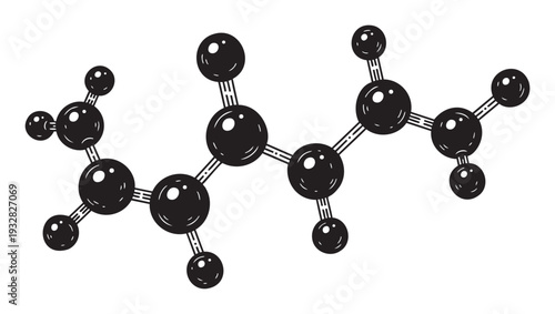 Black and white stylized chemical molecular structure representing organic compounds ideal for scientific education materials laboratory research presentations and biochemistry technology