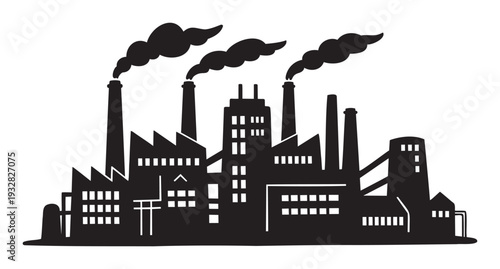 Industrial factory complex silhouette emitting smoke from multiple chimneys, depicting manufacturing and pollution for environmental awareness campaigns or business presentations.