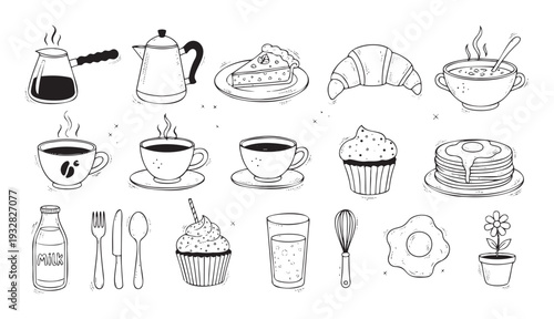Collection of hand drawn breakfast and coffee themed food and drink icons perfect for culinary blogs cafe menus and morning routine concepts