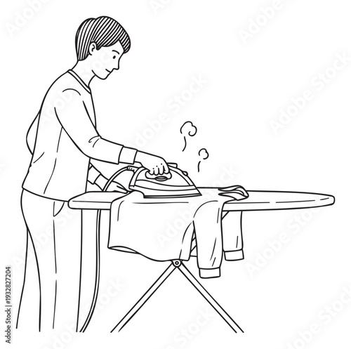 Person performing household chores ironing clothes with steam on an ironing board, ideal for depicting domestic life and daily routines.