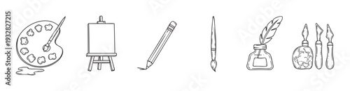 Collection of handdrawn outline sketches depicting various essential drawing and painting tools, perfect for educational resources, craft projects, or studio branding materials.