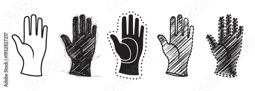 Collection of diverse glove icons showcasing different hand protective gear styles, ideal for safety equipment catalogs, worker uniform presentations, and healthcare supply promotions.