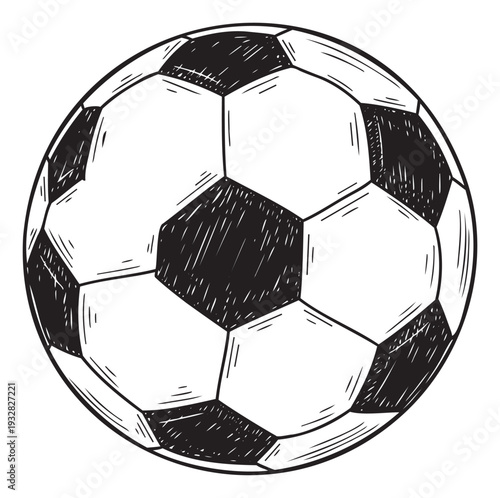 A graphic depiction of a classic soccer ball featuring black pentagons and white hexagons, ideal for sports event promotions, game related merchandise, or childrens activity materials.