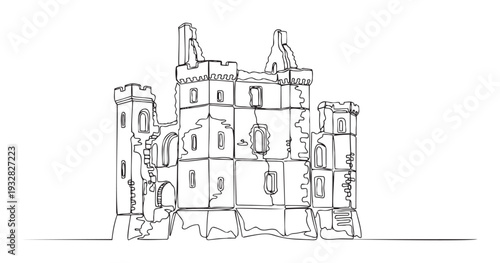 Minimalist continuous line drawing showcasing an ancient ruined castle or historic building, ideal for educational materials, architectural studies, and cultural heritage presentations.