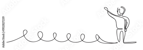 Abstract continuous line drawing featuring a simplified person with an upward reaching arm and a flowing coiled line suggesting continuity interaction or a path for engaging modern visual