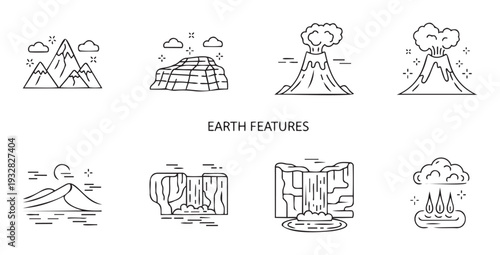 Collection of outline vector earth features including mountains, volcanoes, deserts, and waterfalls, ideal for educational materials, geographical studies, and environmental awareness