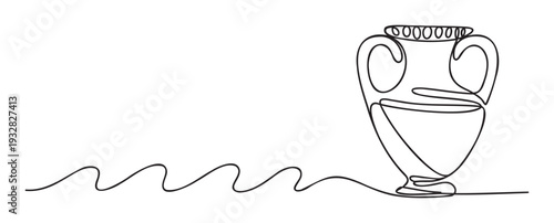 Elegant continuous line drawing of a classical ancient urn with a decorative wavy trail, perfect graphic resource for historical themes, educational materials, or minimalist branding for