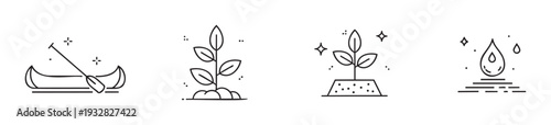 Collection of sleek line icons showing a classic canoe with a paddle, a robust growing plant, a nurtured seedling, and a sparkling water drop, ideal for nature and environmental projects.