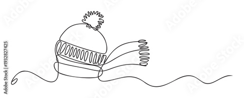 Continuous line drawing of a cozy winter hat with a pompom and a flowing scarf, perfect for seasonal marketing materials, holiday greetings, or fashion accessory promotions.