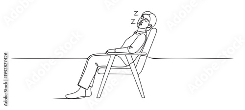 Single line drawing depicting a tired adult taking a restorative nap while peacefully seated in a wooden chair, ideal for conveying rest, relaxation, or weariness in various print and