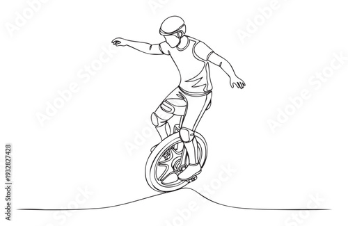 Continuous line drawing of a skilled athlete wearing a helmet and knee pads, balancing on a unicycle across a dynamic curved path, suitable for sports marketing, fitness promotion, or