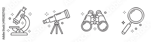Essential set of scientific observation and exploration tools, featuring a detailed microscope, powerful telescope, compact binocular, and practical magnifying glass, perfect for