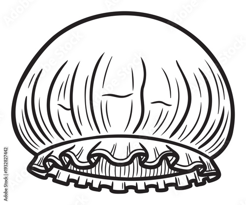 Graphic black and white line drawing of a shower cap with a ruffled brim, ideal for personal care product branding, bathroom decor concepts, or hygienic accessory advertisements.