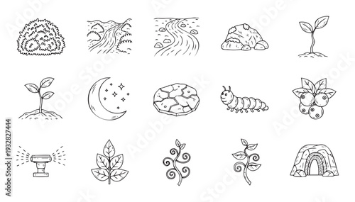 A set of simple hand drawn nature and garden elements featuring plants, water, stone, animals, and celestial objects for educational materials or playful environmental themes.