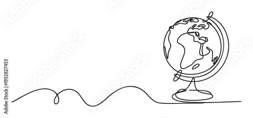 Continuous single line drawing of a desk world globe representing global connection, education, and unity, suitable for geography, travel, environmental, and business related visual content