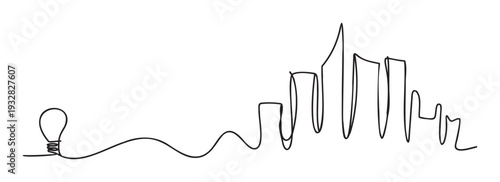 Continuous line drawing depicting a light bulb transforming into a city skyline, symbolizing innovation, urban development, and the realization of ideas, perfect for business and technology