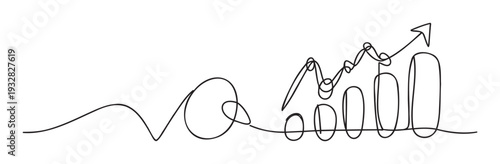Abstract continuous one line drawing depicting a business growth chart with an upward trend, increasing bar columns, and a final arrow, perfect for symbolizing financial success and market