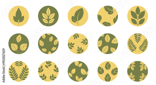Organic Leaf Icons and Patterns in Circles: Nature Elements