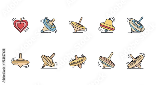 Spinning Tops Collection: Classic Toys and Heart Icon, Vector Illustrations