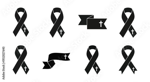 Set of black mourning ribbons with cross, funeral, grief, condolence, sympathy icons