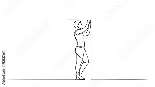 A minimalist one line drawing illustrating an adult man accurately measuring his height against a wall, ideal for health awareness campaigns or personal development publications.