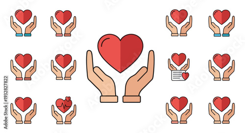 Hands Holding Hearts Icons - Love, Care, Health and Support Concepts