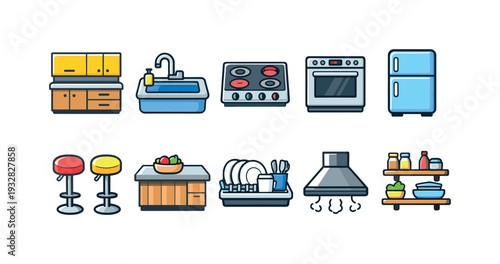 Kitchen appliances icon set. Household essentials in fun 3d icon collection