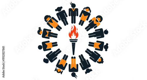 Diverse People Circle Around Burning Torch, Symbolizing Unity and Leadership