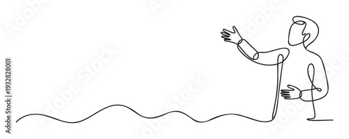 Abstract continuous line art depicting a human figure in a communicative pose, suitable for contemporary web layouts, mobile app interfaces, and marketing visual content.