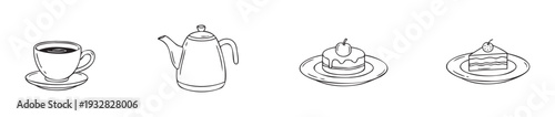 Simple hand drawn style black and white line icons featuring coffee cup, teapot, round cake, and cake slice, perfect for cafe menus, food blogs, or hospitality branding materials.