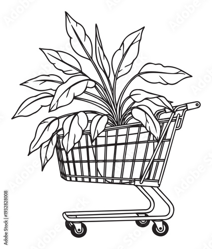 Hand drawn outline of a vibrant plant placed inside a grocery shopping cart, perfect for conveying themes of sustainable living, urban gardening, and conscious consumer choices