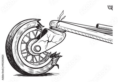 A stark black and white drawing captures a severely damaged motorcycle wheel and fractured suspension component, symbolizing vehicle accident aftermath or the crucial need for urgent repair