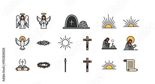 Christianity Icons Set: Angel, Cross, Tomb, Dove, Crown of Thorns, Sunrise, Scroll