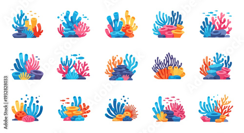 Colorful Coral Reefs Undersea Marine Life Collection Vector Illustration