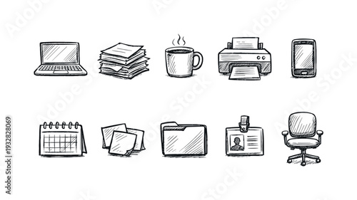 Office tools outline icon set. Essential work and productivity icons collection