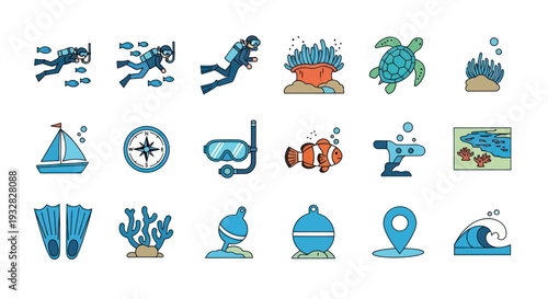Oceanic Adventures Icons: Scuba Diving, Sailing, Marine Life, Navigation & Waves
